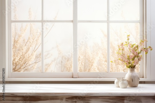 A vase of flowers sits on a window sill next to a white vase. The scene is peaceful and calming  with the flowers adding a touch of color and life to the room