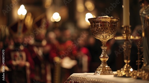During the sacred ritual of Holy Communion in church parishioners partake in the Holy Wafer symbolizing the body of Christ and sip from a chalice filled with red wine representing his blood  photo