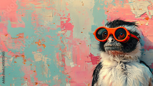 illustration of monkey wearing goggles or glasses on pastel background , with space for text  photo