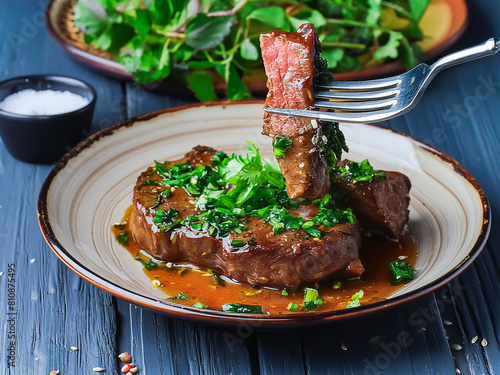 Close-up of  juicy steak under the sauce and chopped piece onto a fork with finely chopped herbs on a white plate on a wooden table.