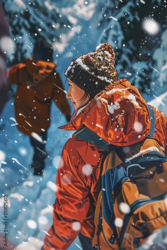 A woman wearing a red jacket and a hat is walking in the snow with a backpack. Concept of adventure and exploration, as the woman is likely hiking or trekking through the snowy landscape