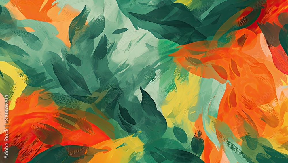 Forest Harmony: Painting Evoking Peace and Serenity with Lush Green Leaves and Subtle Orange Tones Forest Harmony: Painting Evoking Peace and Serenity with Lush Green Leaves and Subtle Orange Tones