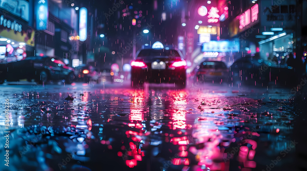 neon glow in urban rainstorms illuminate a city street, with a black car and a building in the foreground