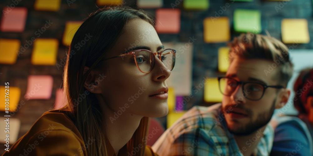 A woman and a man are sitting in front of a wall covered with colorful sticky notes. The woman is wearing glasses and looking at the wall A woman and a man are sitting in front of a wall covered with colorful sticky notes. The woman is wearing glasses and looking at the wall