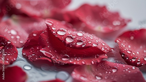 several dark pink rose petals with water droplets on them.