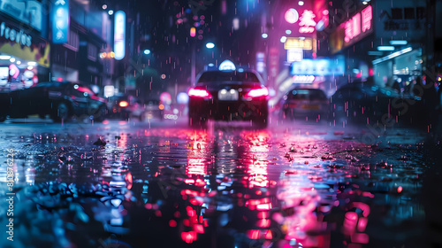 neon glow in urban rainstorms illuminate a city street  with a black car and a building in the foreground