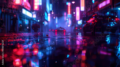 neon glow in urban rainstorms with people walking in the rain