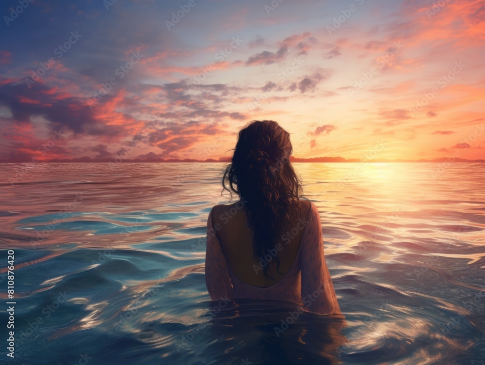 A woman is in the ocean at sunset. The water is calm and the sky is filled with beautiful colors. The woman is looking out at the horizon, taking in the beauty of the moment