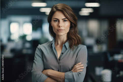 A woman in a business suit is standing in front of a wall with a dark background. She is wearing a gray shirt with a pattern and has her arms crossed. Concept of professionalism and confidence