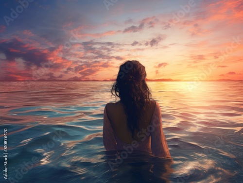 A woman is in the ocean at sunset. The water is calm and the sky is filled with beautiful colors. The woman is looking out at the horizon  taking in the beauty of the moment