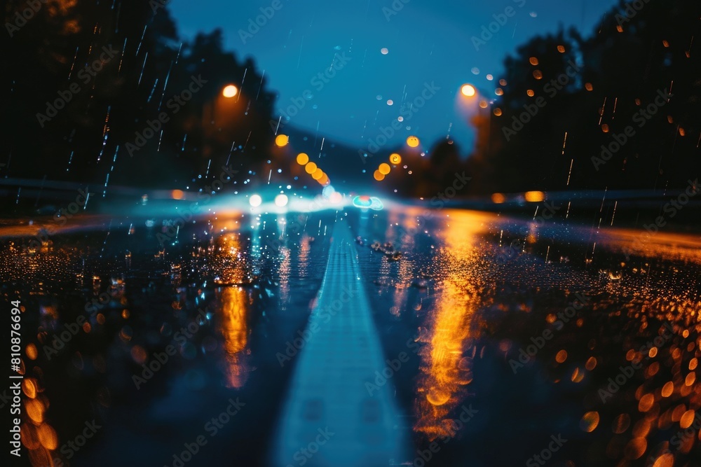 A blurry image of a wet road with a line painted down the middle. The rain is falling and the street lights are on, creating a moody atmosphere
