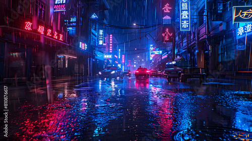 neon glow in urban rainstorms illuminate a cityscape featuring tall buildings  a parked car  and various signs including a blue sign  a red sign  and a