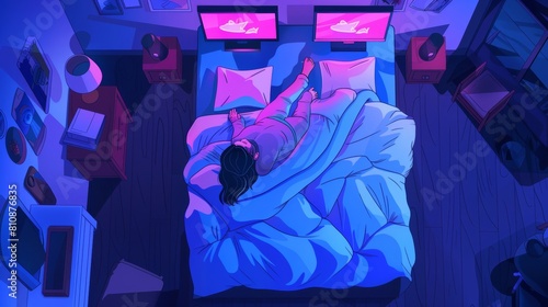 Female character lying under blanket napping in front of a tv set at home or at hotel, relaxing or sleeping in cozy apartment, Cartoon modern illustration.