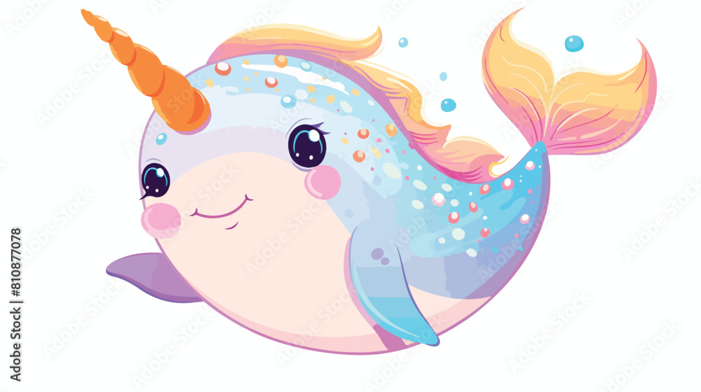 Cute baby unicorn fish or narwhal. Fairy sea animal white