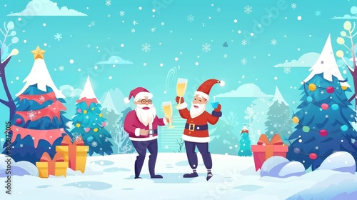 An animated landing page with Santa Claus and a man holding a champagne glass standing in the winter forest against a snowfall background. An Xmas and Happy New Year corporate celebration with a © Mark