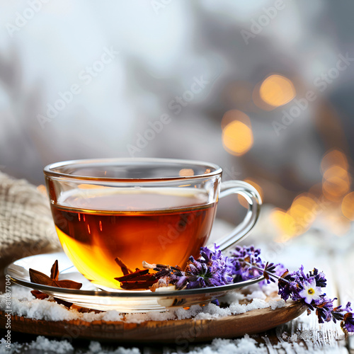 Hot tea with spice of cinnamon and anice spice photo