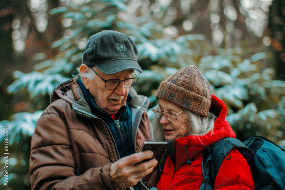 Elderly Couple Viewing Smartphone in Forest. Generative AI