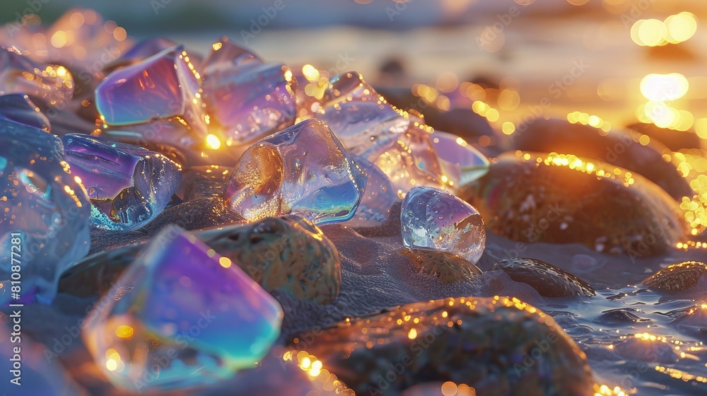 closeup of colorful crystals on beach, golden sunlight reflecting, bokeh blurred background closeup of colorful crystals on beach, golden sunlight reflecting, bokeh blurred background