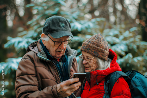 Wallpaper Mural Elderly Couple Viewing Smartphone in Forest. Generative AI Torontodigital.ca