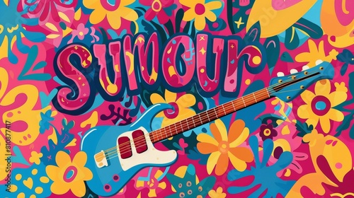 The modern picture shows a peace music banner with a hippie sign and a guitar in the style of the 1960s and 1970s Woodstock festival. It includes a cartoon psychedelic pattern with a flower and a