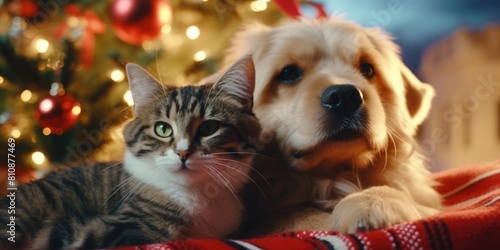 A cat and a dog are laying on a red blanket next to a Christmas tree. The scene is warm and cozy, with the animals enjoying each other's company