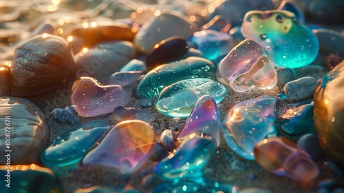 Closeup of colorful glass stones on the beach, sunlight
