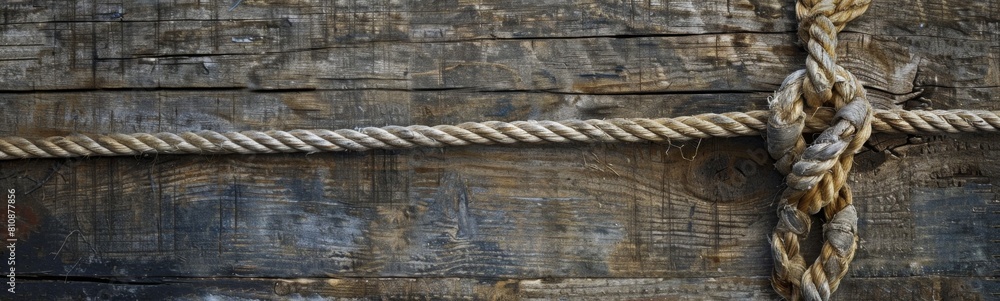 Obraz premium Rope wrapped around a wooden plank with a knot. Banner