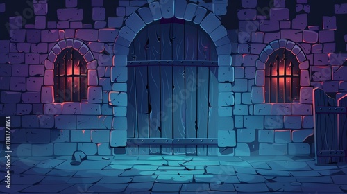 A medieval castle interior in the dark with a wood arched door and barred windows, reflected in a shadow on a stone wall. Entrance scene in an ancient palace cartoon illustration.