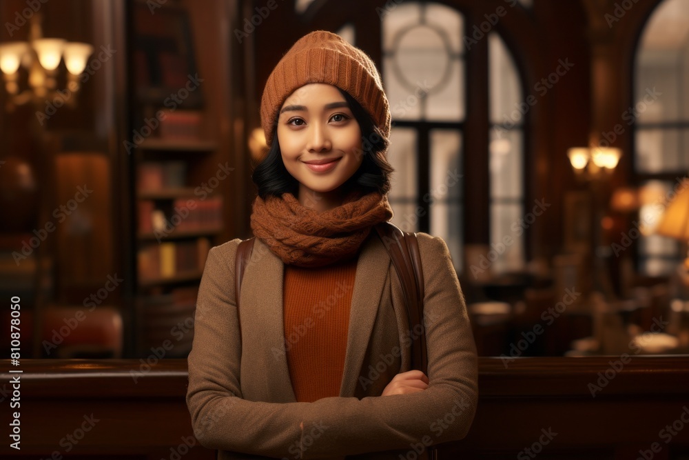 Portrait of a glad asian woman in her 40s dressed in a warm ski hat isolated on classic library interior Portrait of a glad asian woman in her 40s dressed in a warm ski hat isolated on classic library interior