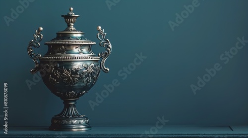 silver trophy with antique look, placed on left side of dark blue background, copy space