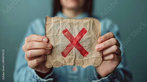 Closeup of woman's hands holding crumpled paper with red X mark on it, green background, rejection concept