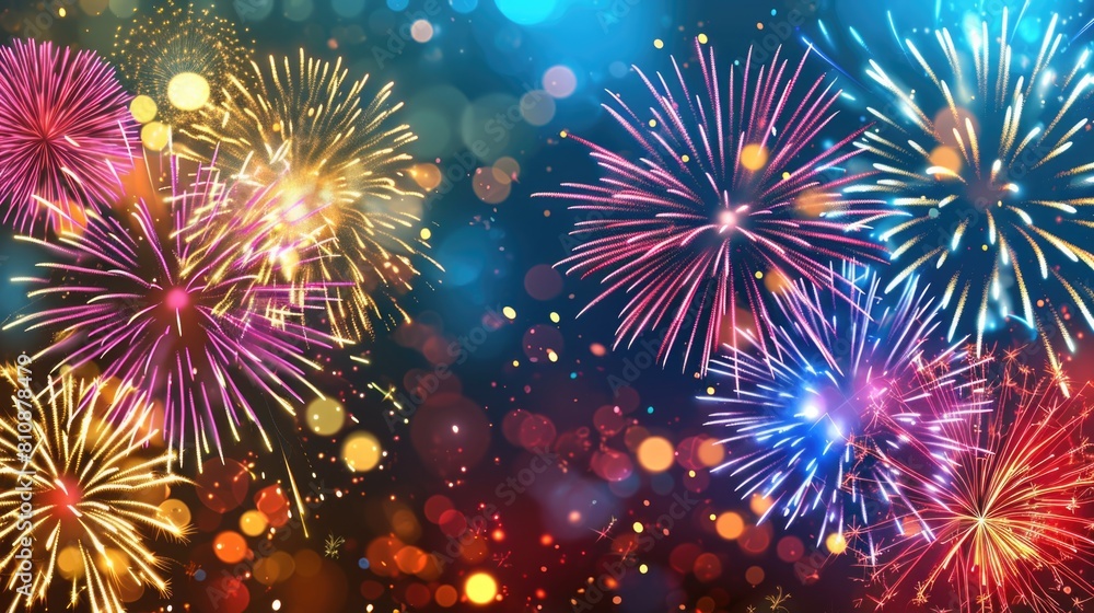 Fototapeta premium A colorful fireworks display with a bright blue sky. The fireworks are in various colors and are scattered throughout the sky. Scene is festive and celebratory