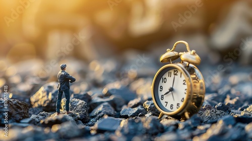 miniatur man standing on black rocks with golden alarm clock next to him, time management concept, blurred background, bokeh effect