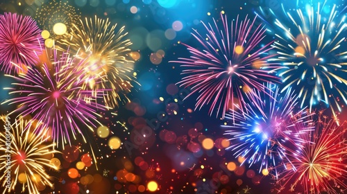 A colorful fireworks display with a bright blue sky. The fireworks are in various colors and are scattered throughout the sky. Scene is festive and celebratory