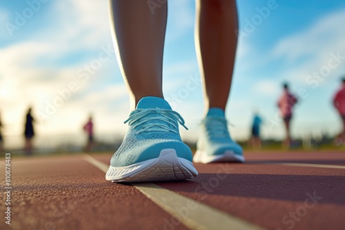 A woman is walking on a track wearing a blue shoe. The sky is blue and the sun is setting