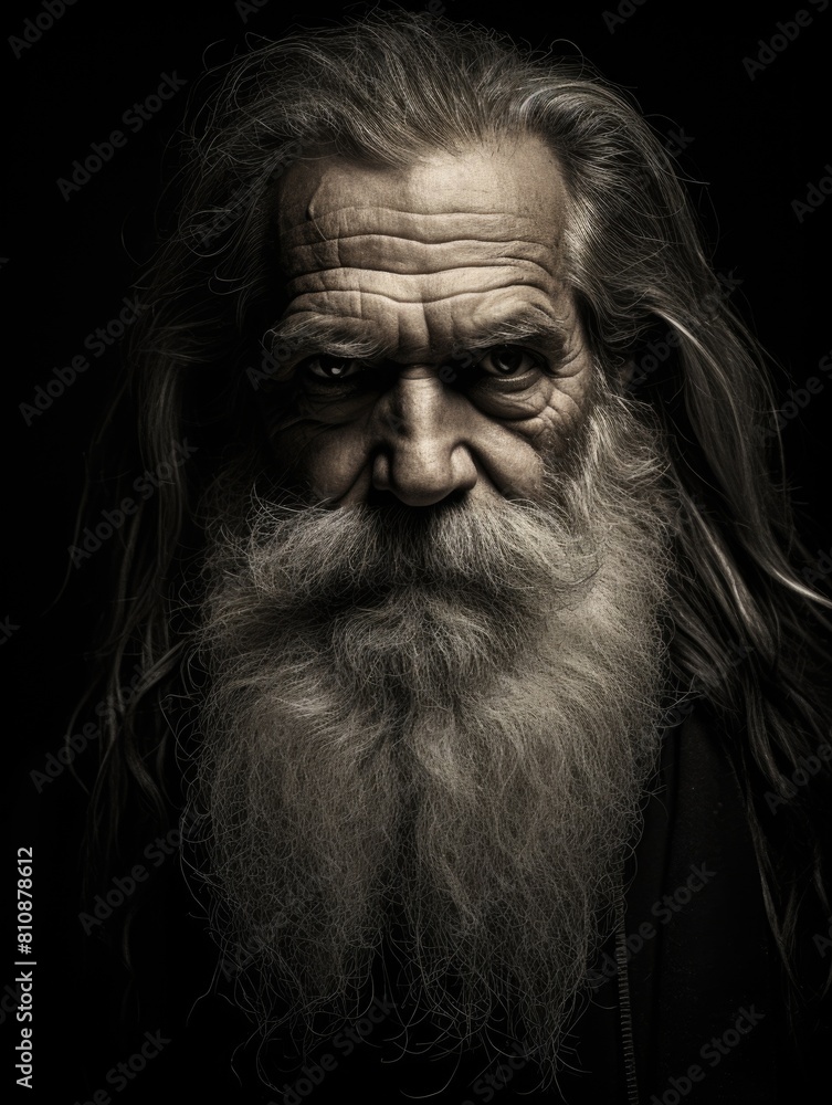 A man with a long beard and a serious expression. The man's face is the main focus of the image A man with a long beard and a serious expression. The man's face is the main focus of the image