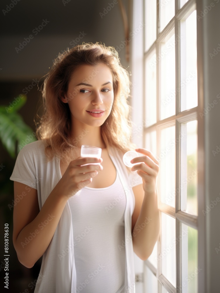 A woman is holding two containers of water in her hands. She is smiling and looking out the window A woman is holding two containers of water in her hands. She is smiling and looking out the window