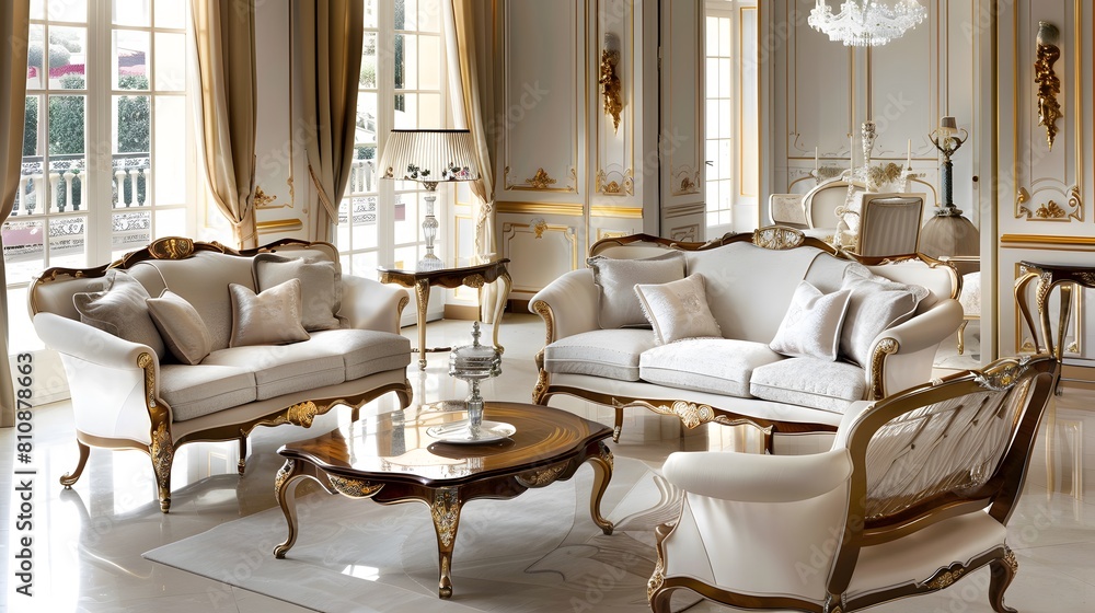 Plush upholstered furniture with curved lines and carved wooden legs exude a sense of opulence Plush upholstered furniture with curved lines and carved wooden legs exude a sense of opulence