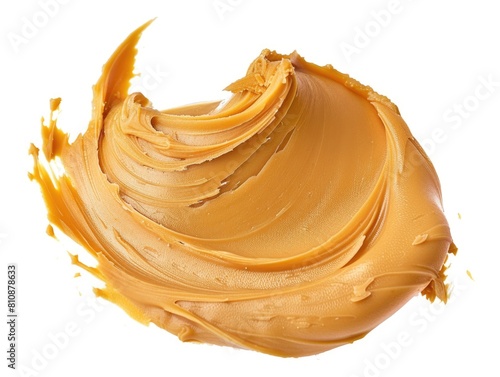 A smear of peanut butter is spread out on a white background. The peanut butter is spread out in a messy, disorganized way, giving the impression of a carefree, casual atmosphere