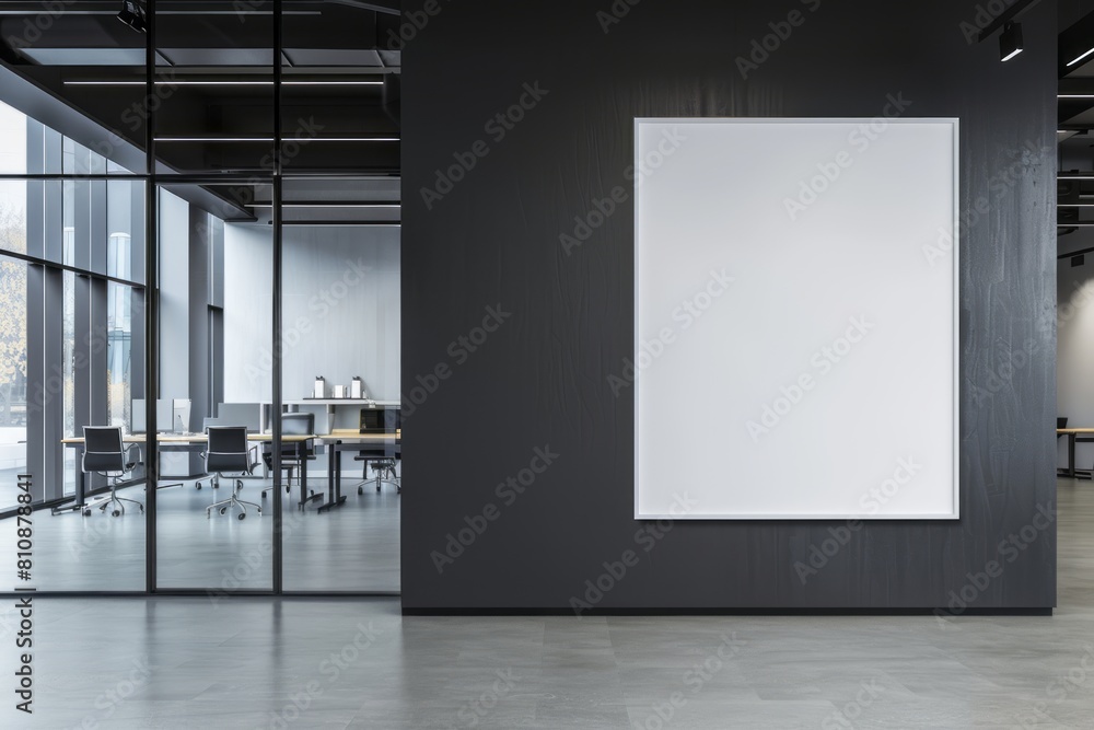 A mockup of an empty white canvas on the wall in a modern office, with black and grey colors. The large room has glass walls, creating a bright atmosphere with natural light streaming through A mockup of an empty white canvas on the wall in a modern office, with black and grey colors. The large room has glass walls, creating a bright atmosphere with natural light streaming through