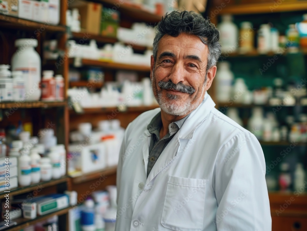 A man in a white lab coat stands in front of a pharmacy counter. He is smiling and he is happy A man in a white lab coat stands in front of a pharmacy counter. He is smiling and he is happy