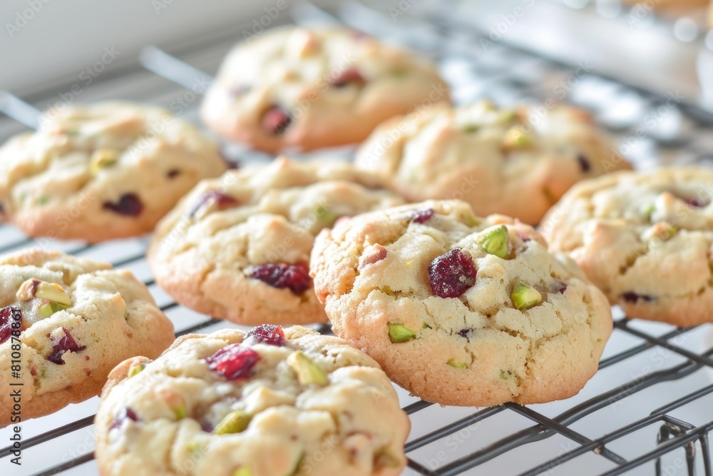 A rack of cookies with nuts on top. The rack is on a white surface A rack of cookies with nuts on top. The rack is on a white surface