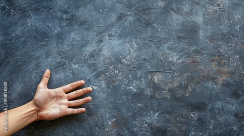 hand reaching out on dark gray background, chalkboard texture, top view, copy space