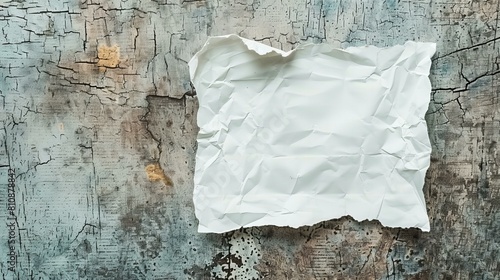 a piece of crumpled and torn white paper on old wooden texture background, copy space