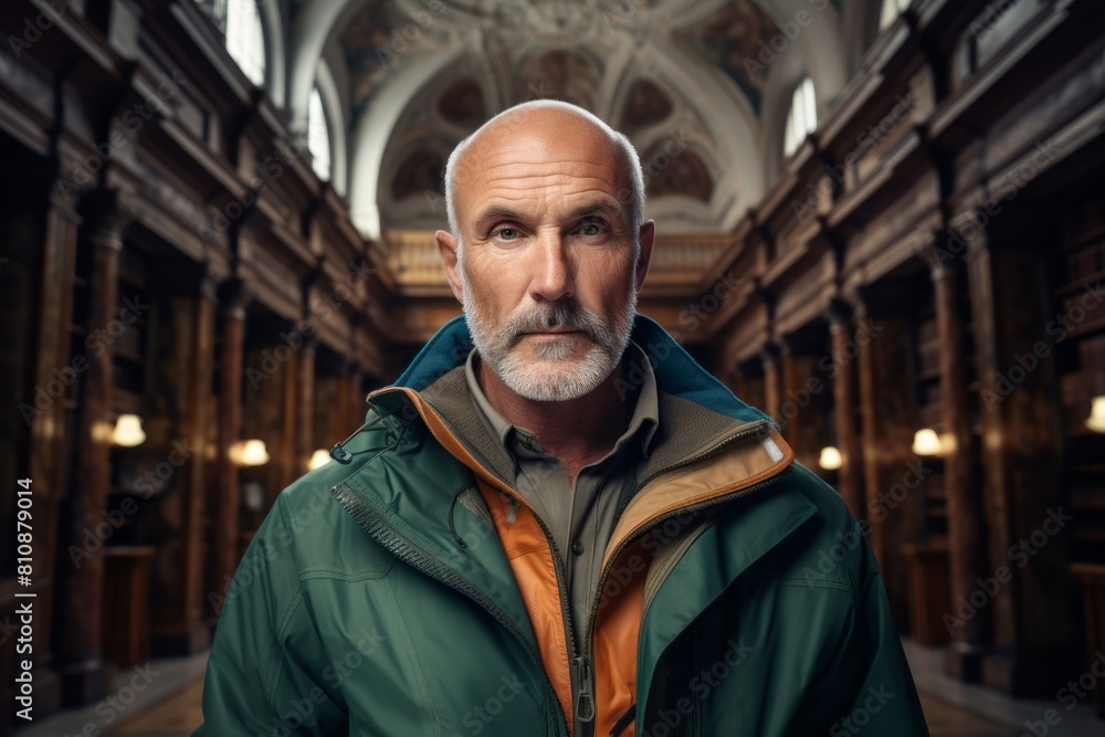 Portrait of a merry man in his 50s wearing a functional windbreaker in classic library interior Portrait of a merry man in his 50s wearing a functional windbreaker in classic library interior