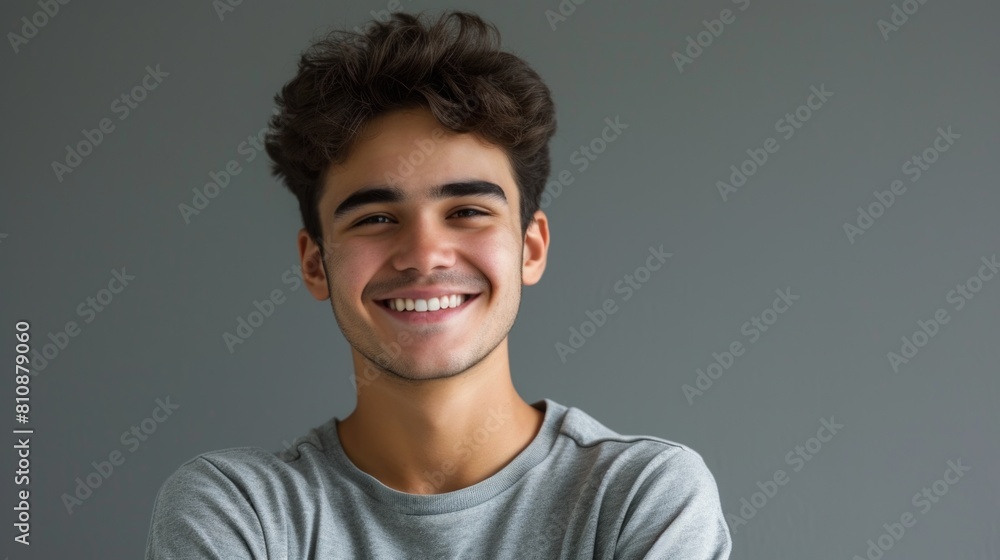 A young man with a smile on his face is wearing a gray shirt. He is posing for a picture and he is happy A young man with a smile on his face is wearing a gray shirt. He is posing for a picture and he is happy