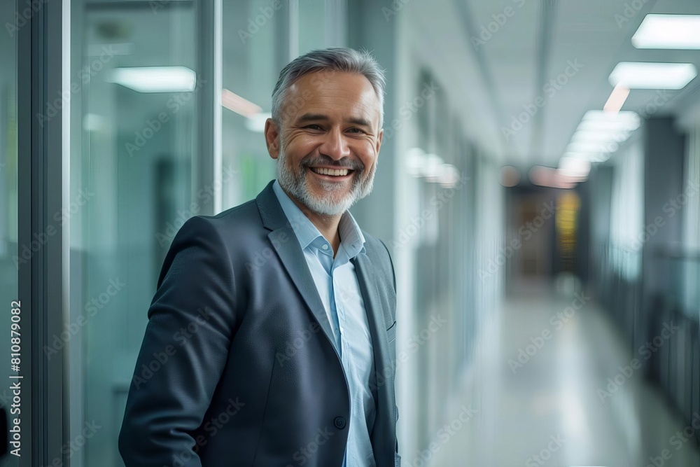 confident smiling middleaged businessman standing in an office hallway portrait of a successful bank manager investor or executive leader business photo