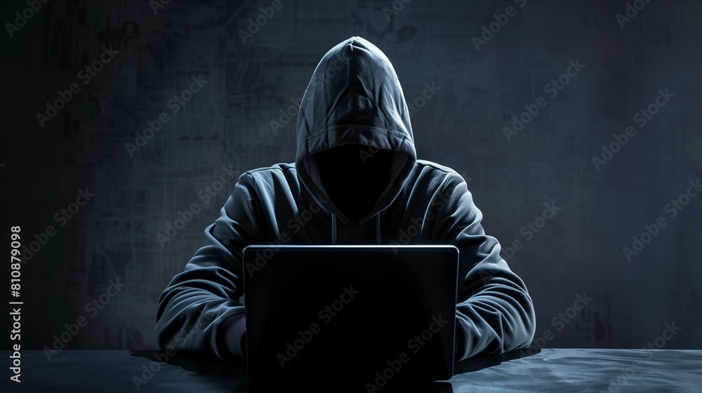 Dark figure hoodie laptop, clickjacking attack, cyber security Dark figure hoodie laptop, clickjacking attack, cyber security