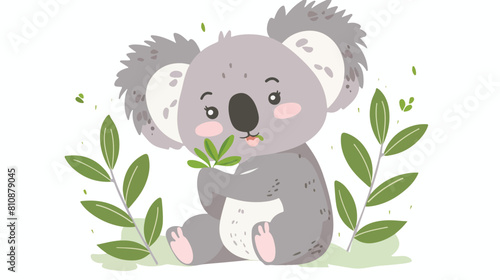 Cute koala eating leaf branch. Happy funny baby animal