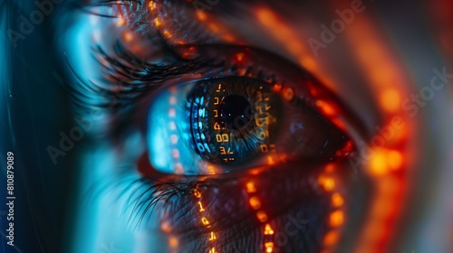 Woman's eye binary code, deepfake cyber security